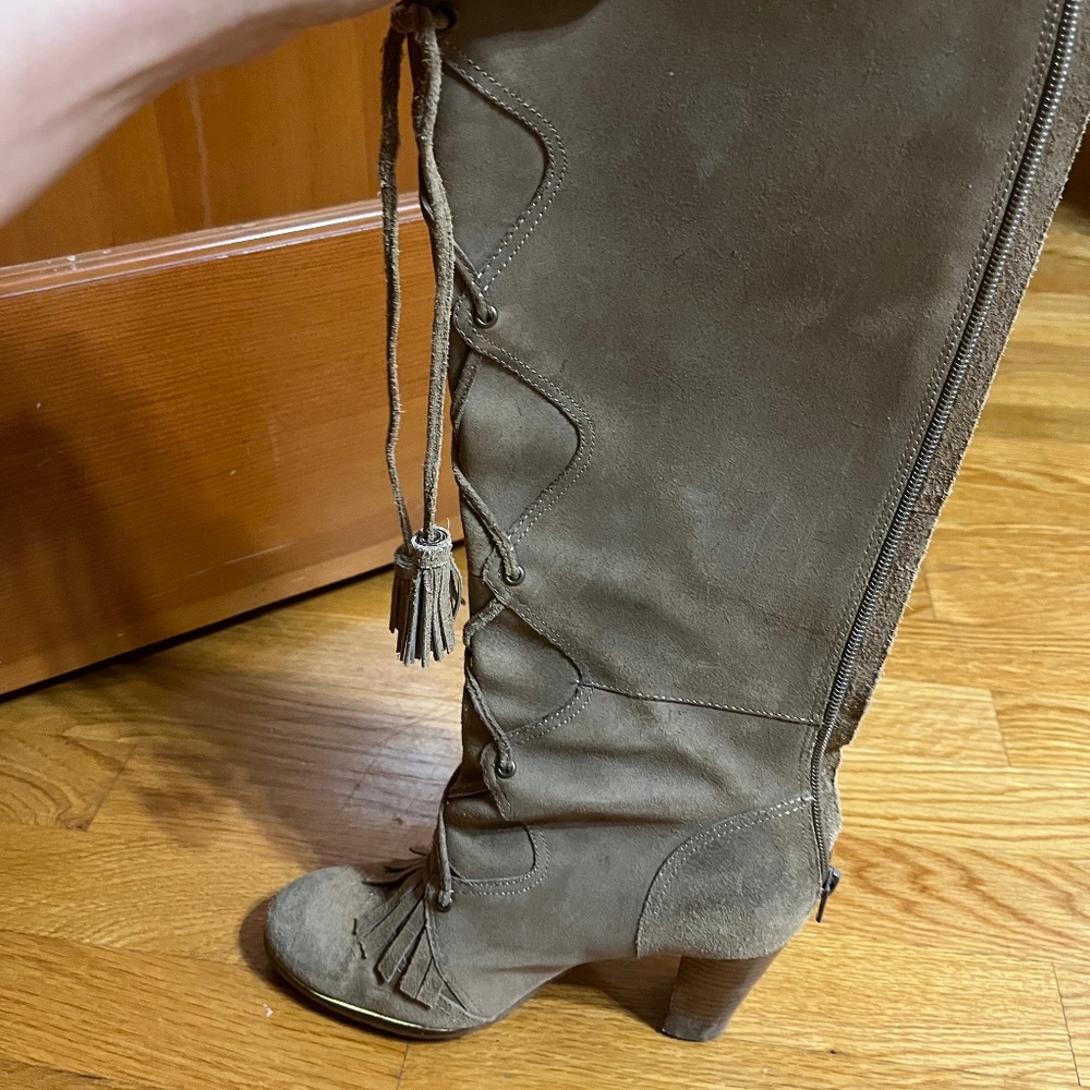 Anthropologie Knee Height Leather Lace Up boot w Tassels
